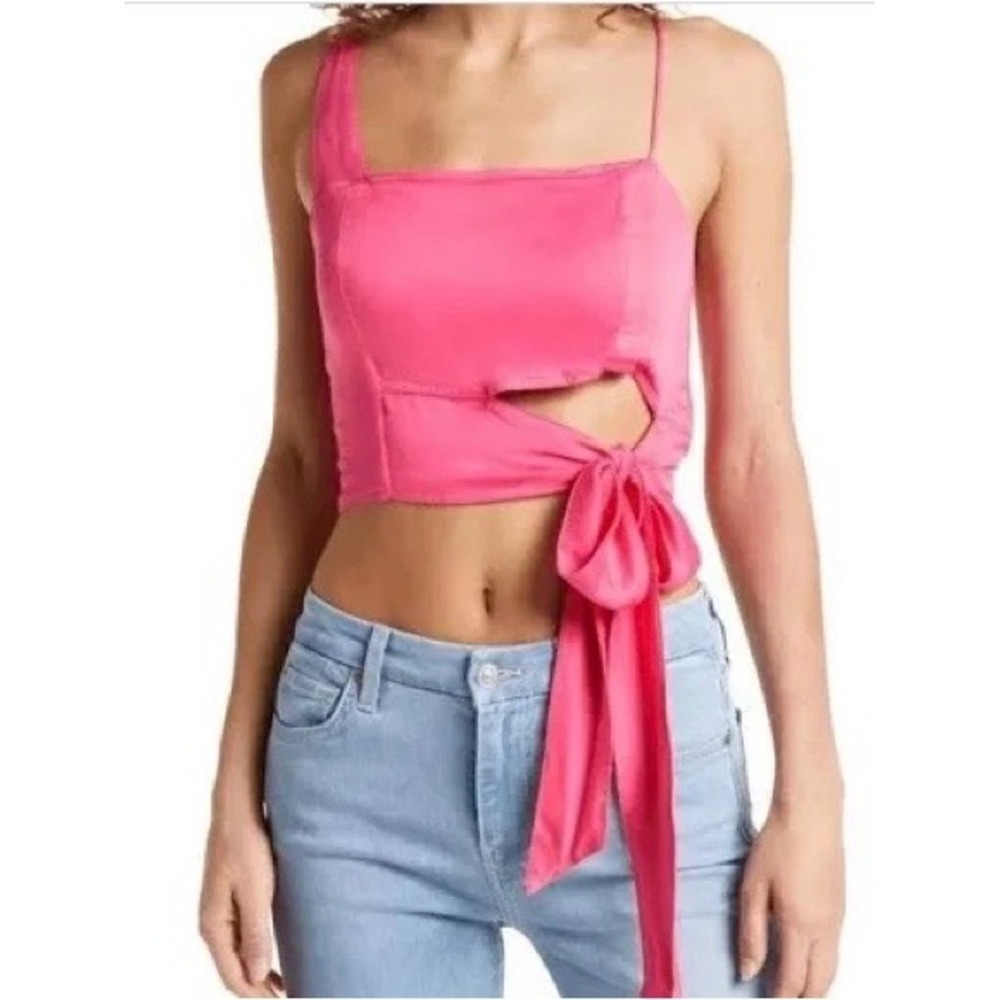 Free People Mila Side-Tie Crop Top Bright Pink Square Neck Satin S